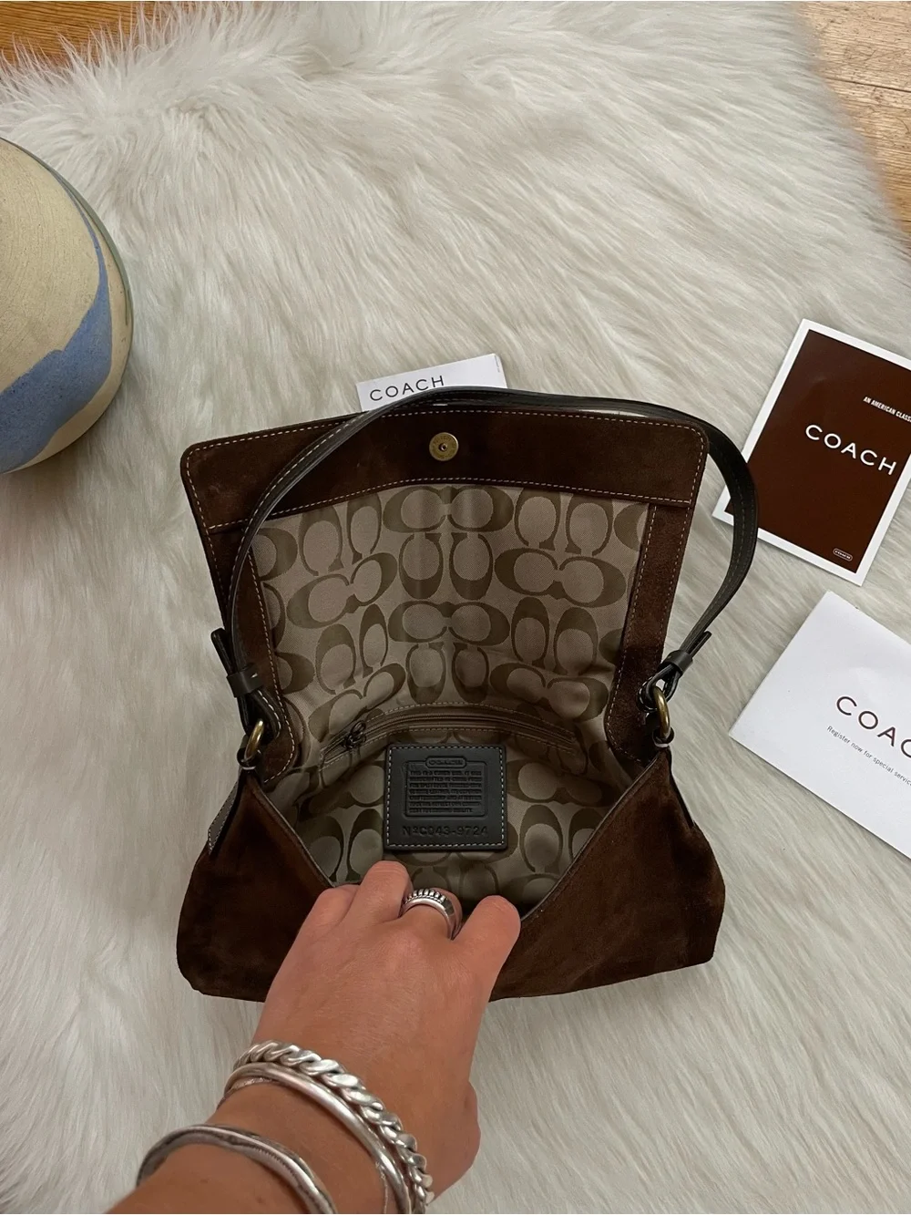 Coach Dark Brown Suede Shoulder Bag with Black Strap